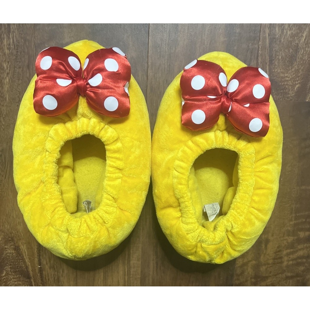 Disney Parks Minnie Mouse Plush Slippers Yellow Red Polka Dot Bow Adult Small